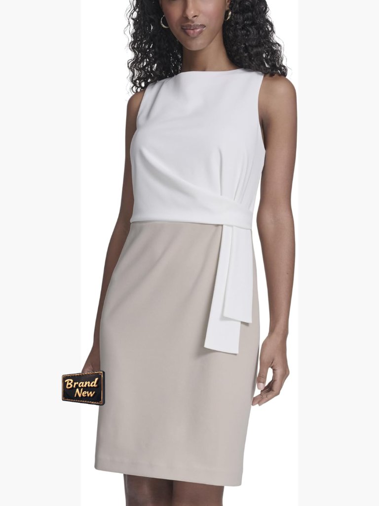 Sleeveless Boat Neck Sheath Mini Dress - Crepe, Zip Back